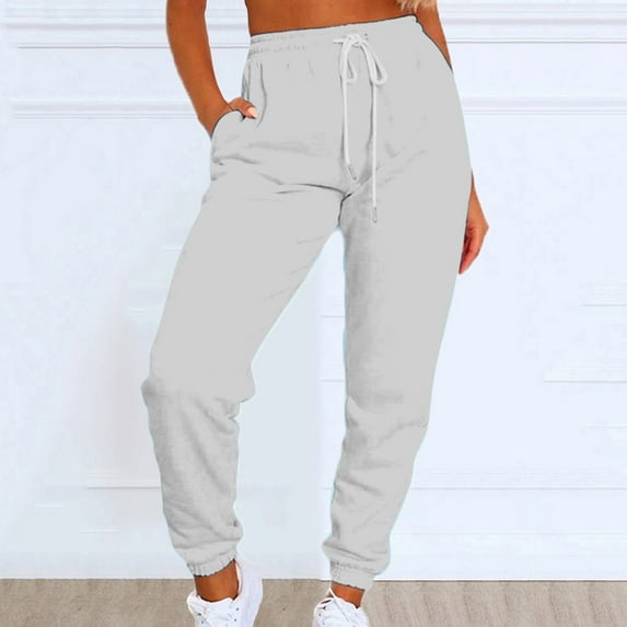 Lroveb Fleece Lined Sweatpants for Women Plus Size, High Waisted Jogger Pants, Womens Solid Color Casual Sports Tie Up With Plush Sweater Material Pants Light Gray
