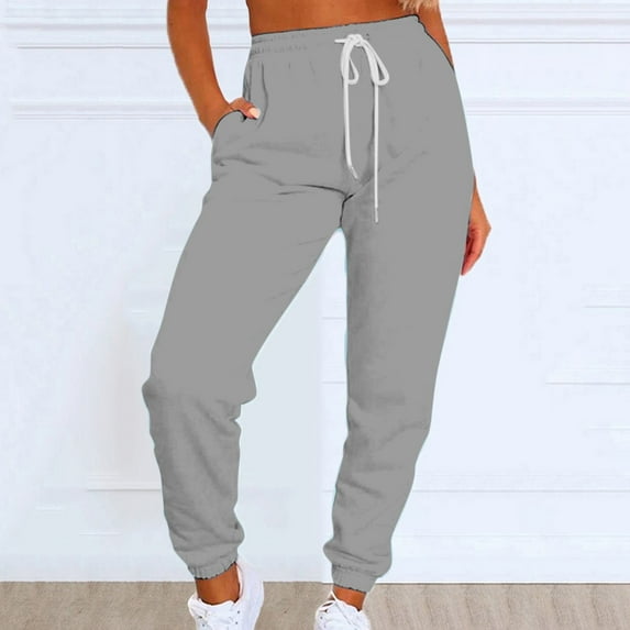 Lroveb Fleece Lined Sweatpants for Women, High Waisted Jogger Pants, Womens Solid Color Casual Sports Tie Up With Plush Sweater Material Pants Grey