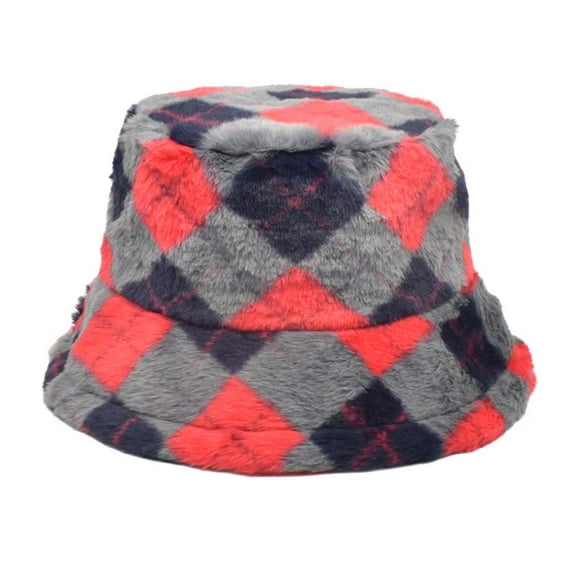 Lroveb Fuzzy Bucket Hats for Women Color Plaid Fall Winter Cute Warm Thermal Fisherman Hat Man Hat