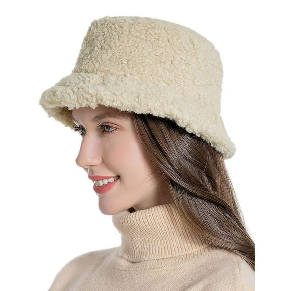 Lroveb Fuzzy Bucket Hats for Women Winter Hat Vintage Cloche Warm Faux Wool Outdoor Fisherman Cap Hat