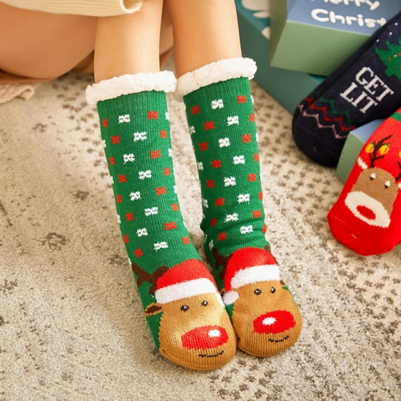 Lroveb Fuzzy Christmas Socks for Women Women's Winter Super Soft Warm Fleece-Lined Grippers Slipper Socks