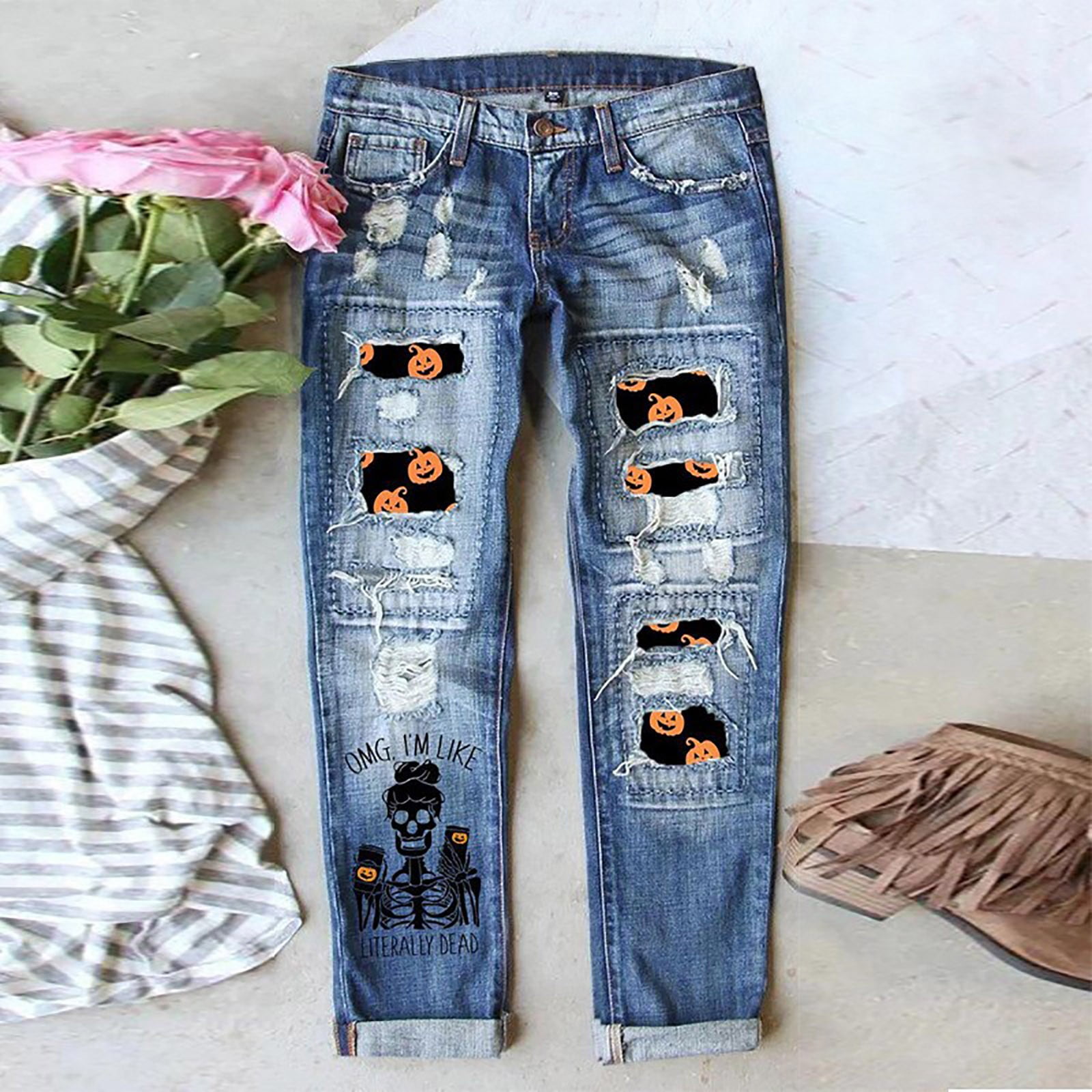 Lroveb Halloween Jeans for Women Fall Pumpkin Graphic Patchs