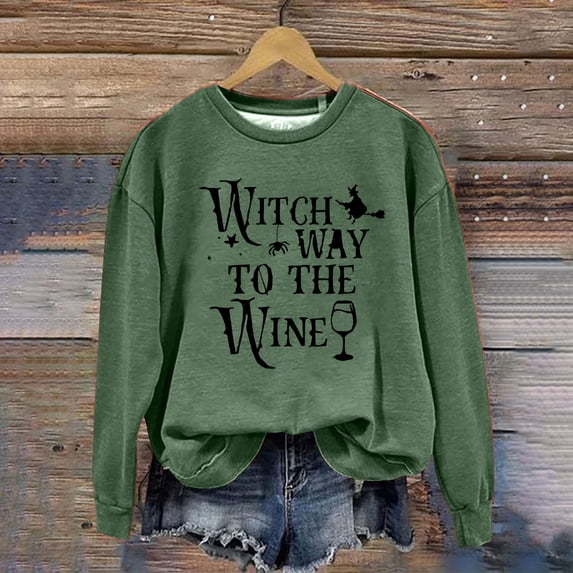 Lroveb Halloween Sweatshirts for Women Fashion Witch Way To The Wine Printed Round Neck Off Shoulder Long Sleeve Sweatshirt Top Graphic Sweatshirt