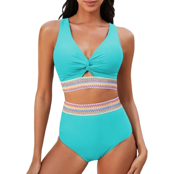 Lroveb High Waisted Bikini Sets for Women Two Piece Swimsuit Padded Knot Cut Out Color Block Bathing Suit Bikinis Tankinis Sky Blue