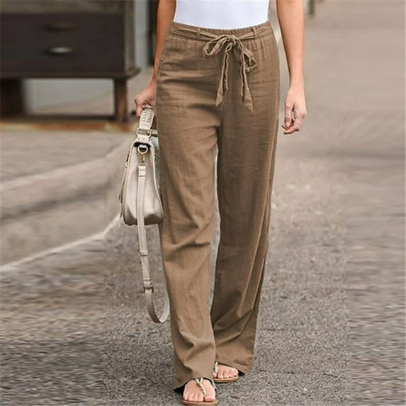 Lroveb Linen Pants for Women Plus Size, Summer Flowy Wide Leg Palazzo Pants, Womens Trousers Solid Color Elastic Waist Cotton Linen Pants Loose Casual Khaki