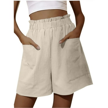 Lroveb Linen Shorts for Women High Waisted Bermuda Shorts Summer Casual Elastic Waist Comfy Lounge Shorts With Pockets Beige