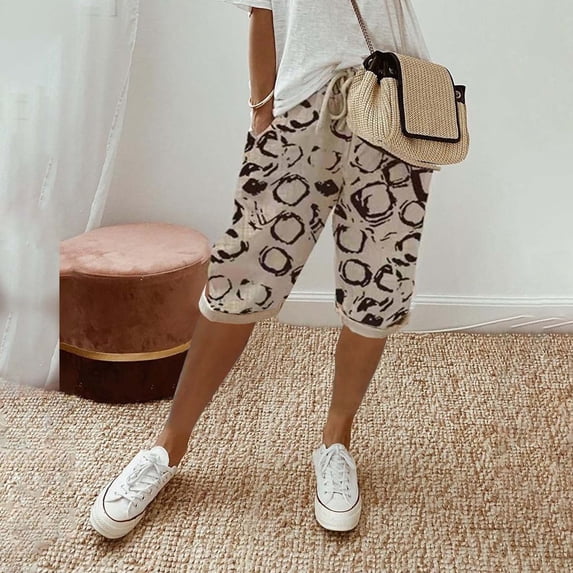 Lroveb Linen Shorts for Women, High Waisted Bermuda Shorts, Womens Knee Length Short Pants Ladies Loose Drawstring Casual Solid Color Shorts Beige