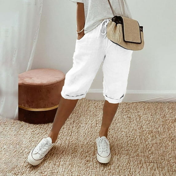 Lroveb Linen Shorts for Women, High Waisted Bermuda Shorts, Womens Knee Length Short Pants Ladies Loose Drawstring Casual Solid Color Shorts White