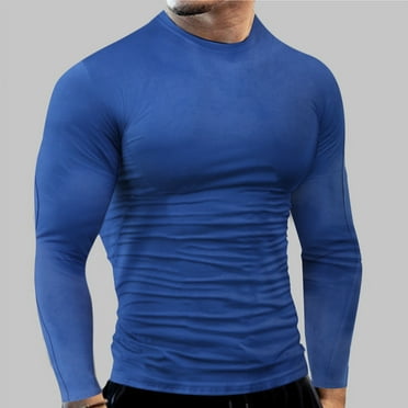 Lroveb Long Sleeve T Shirts for Men Crew Neck Dry Fit Athletic Workout Shirt Solid Color Slim Sports Gym Sweatshirt Blue