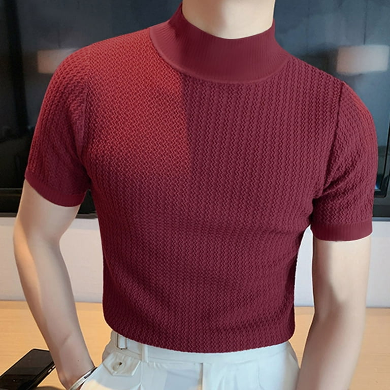 Lroveb Mens Mock Neck T Shirts Knitted Short Sleeve Solid Color Ribbed Tops Casual Slim Fit Tshirt Basic Layer