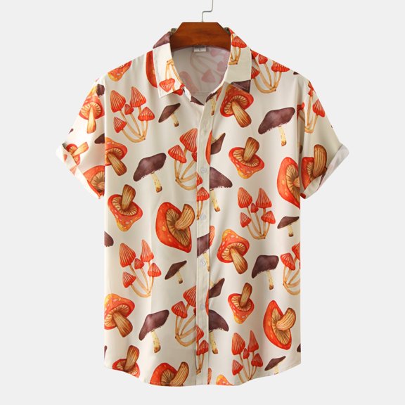 Lroveb Male Summer Casual Mushroom Print Shirt Short Sleeve Turn Down Collar Shirt Mens Top