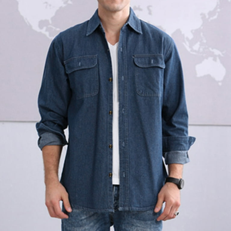 Lroveb Men Long Sleeve Shirts Casual Button Down Denim Shirts