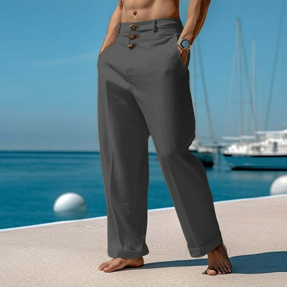 Lroveb Mens Casual Linen Pants Loose Fit Elastic Drawstring Waist Straight-Legs Summer Yoga Beach Long Pants