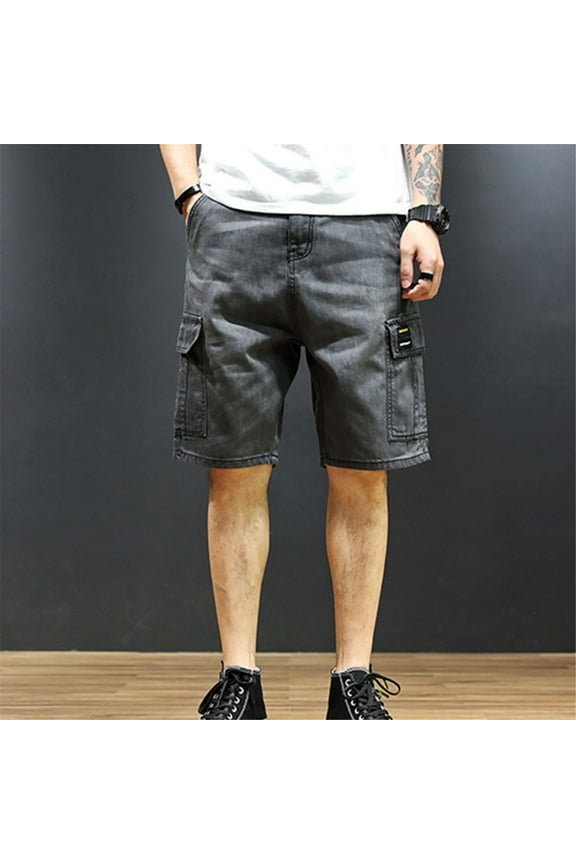 Mens Denim Cargo Shorts Summer Baggy Loose Jean Shorts with Pockets Casual Walking Bermuda Shorts Black