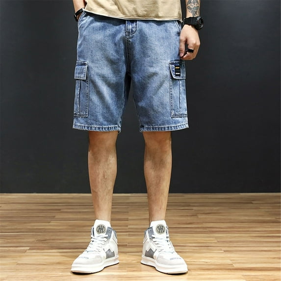 Lroveb Mens Denim Cargo Shorts Summer Baggy Loose Jean Shorts with Pockets Casual Walking Bermuda Shorts Blue