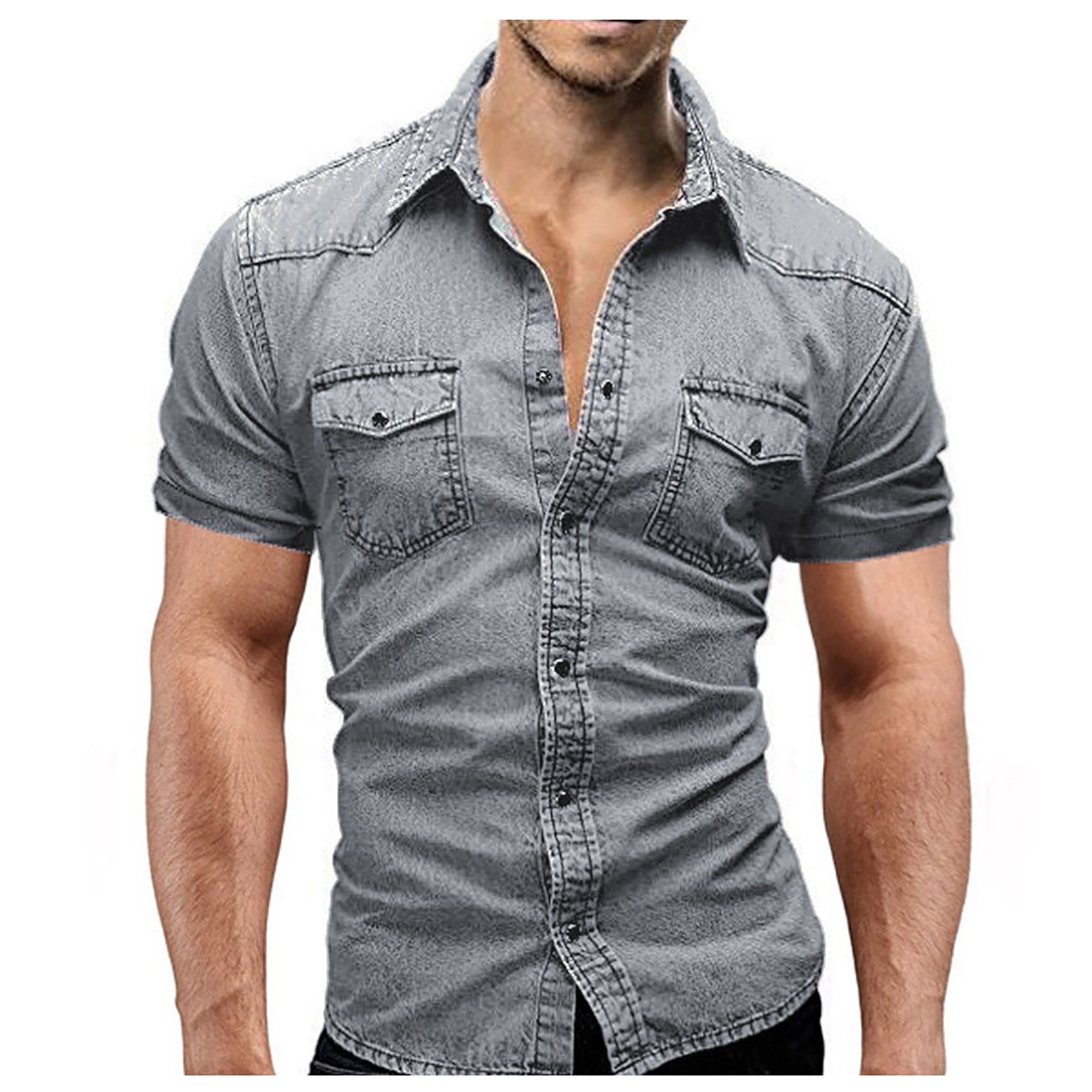Lroveb Mens Denim Shirts Short Sleeve Casual Slim Fit Button