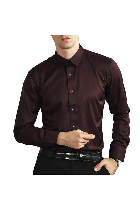 Mens Dress Shirts Non Ironing Elastic Men's Long Sleeved Shirt Lapel Solid Color Button Shirt Coffee