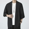 thumbnail image 1 of Lroveb Mens Kimono Cardigan Solid Color 3/4 Sleeve Open Front Lightweight Cardigan Shirt Summer Top Black, 1 of 5