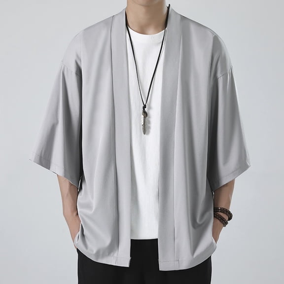 Lroveb Mens Kimono Cardigan Solid Color 3/4 Sleeve Open Front Lightweight Cardigan Shirt Summer Top Grey