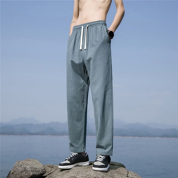 Lroveb Mens Linen Pants Trendy Casual Solid Color Try Breathable Cotton Pocket Elastic Waist Plus Size Pants Trousers Green
