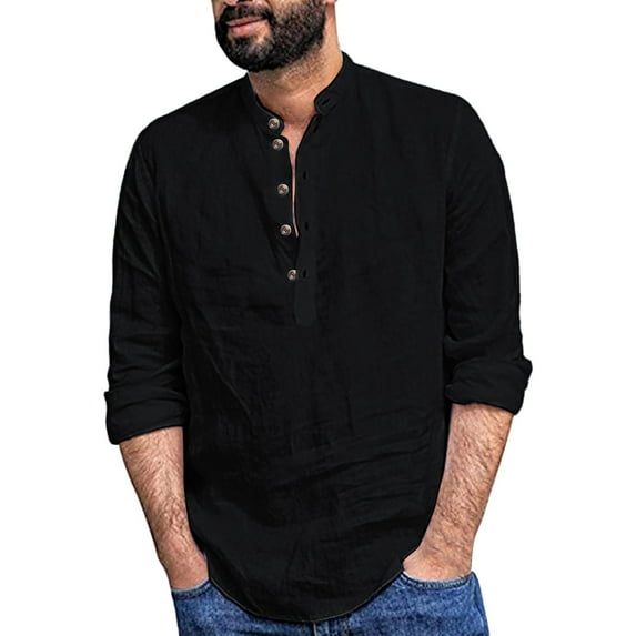 Lroveb Mens Linen Shirts Loose Fitting Shirt Stand Collar Long Sleeve Shirt Black