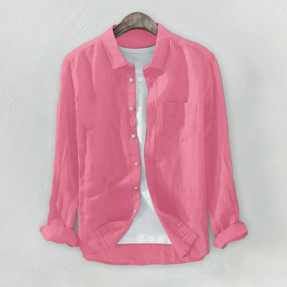 Lroveb Mens Linen Shirts Shirts Cotton T Linen Button Baggy Long Plus Men's Pocket Sleeve Solid Size Blouse Pink
