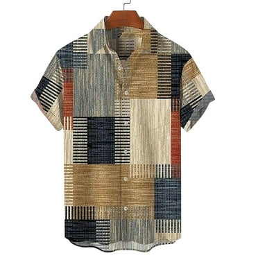 Lroveb Mens Short Sleeve Shirts Casual Plaid Patchwork Button Down Shirt V Neck Beach Hawaiian Shirt Summer Tops Khaki