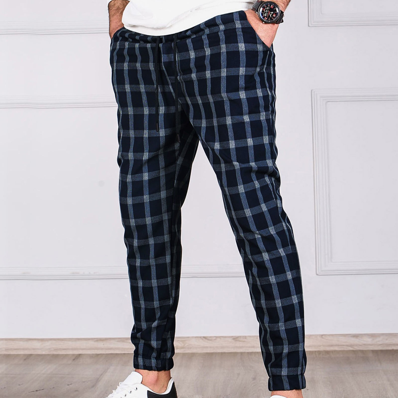 Lroveb Mens Sweatpants Casual Plaid Jogging Elastic Mid Waisted Sports