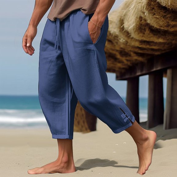 Lroveb Mens Wide Leg Linen Pants Scrub Cargo Ruched Straight Cropped Pants Big & Tall Summer Beach Pants with Pockets Blue