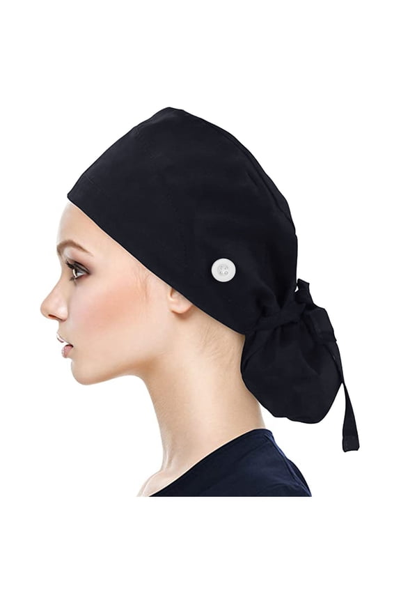 Nurse Caps for Women Solid Color Scrub Cap Buttoned Bouffant Hat with Sweatband