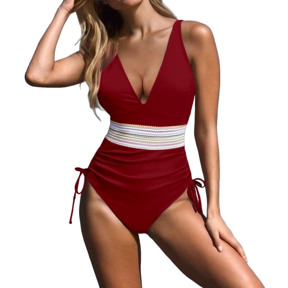 Lroveb One Piece Swimsuits for Women Solid Color Tummy Control Vintage Bathing Suits Ruched Swimwear With Breast Pad Monokini