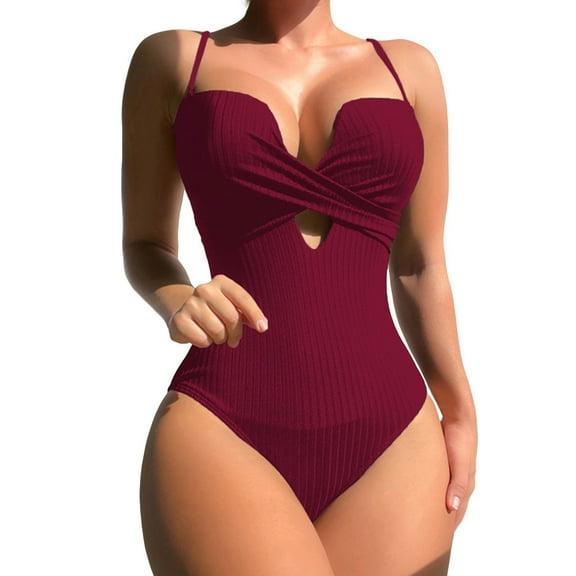 Lroveb One Piece Swimsuits for Women Swimsuit Sexy Bikini Solid Color Stripes Conjoined High Waist Beach Suit Monokini Bathing Suit
