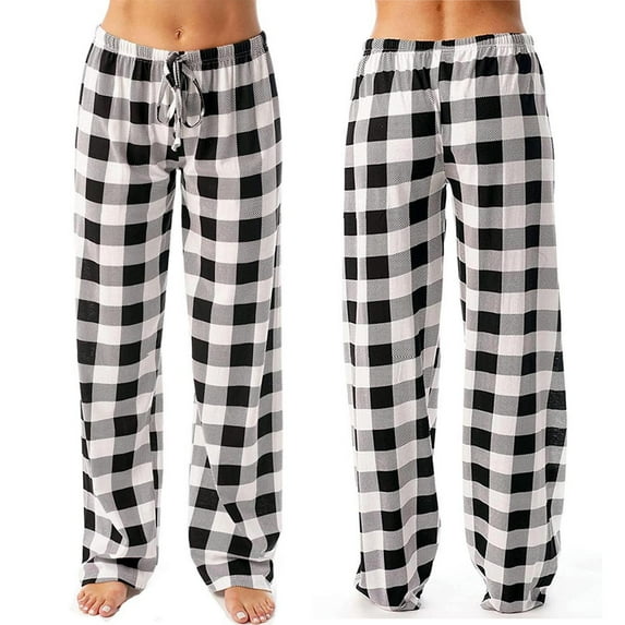 Lroveb Pajama Pants for Women, Lounge Pants Womens, Ladies Casual Pants Plaid Printed Elastic Rope Black
