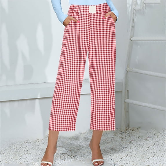 Lroveb Pajama Pants for Women, Lounge Pants Womens, Womens Casual Pants Cute Soft Elastic Low Rise Vintage Plaid Print Button Front Capri Light Red