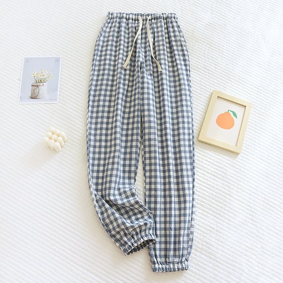 Lroveb Pajama Pants for Women, Lounge Pants Womens, Womens Elastic Drawstring Waist Loose Wide Leg With Pockets Three Color Plaid Trousers Gray