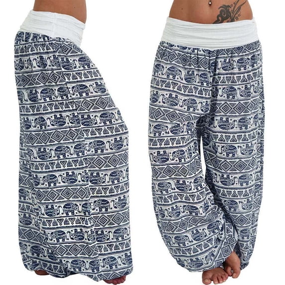 Lroveb Palazzo Pants for Women,High Waisted Baggy Hippie Gypsy Boho Pants, Ladies Loose Band Womens Printed Leg Pants Width Casual Women White