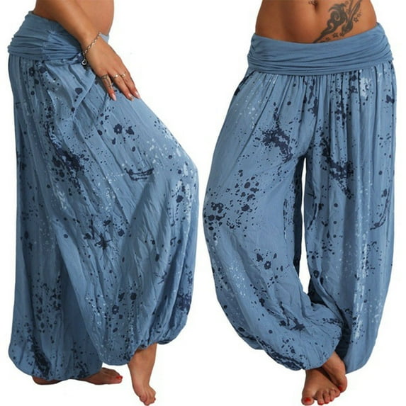 Lroveb Palazzo Pants for Women,High Waisted Baggy Hippie Gypsy Boho Pants, Ladies Printed Band Width Loose Leg Pants Womens Casual Blue