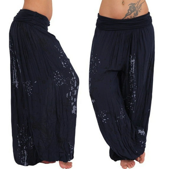 Lroveb Palazzo Pants for Women,High Waisted Baggy Hippie Gypsy Boho Pants, Ladies Printed Band Width Loose Leg Pants Womens Casual Navy