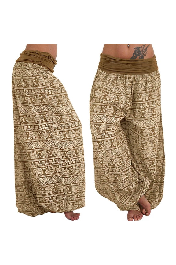 Palazzo Pants for Women Plus Size,High Waisted Baggy Hippie Gypsy Boho Pants, Ladies Loose Band Womens Printed Leg Pants Width Casual Khaki
