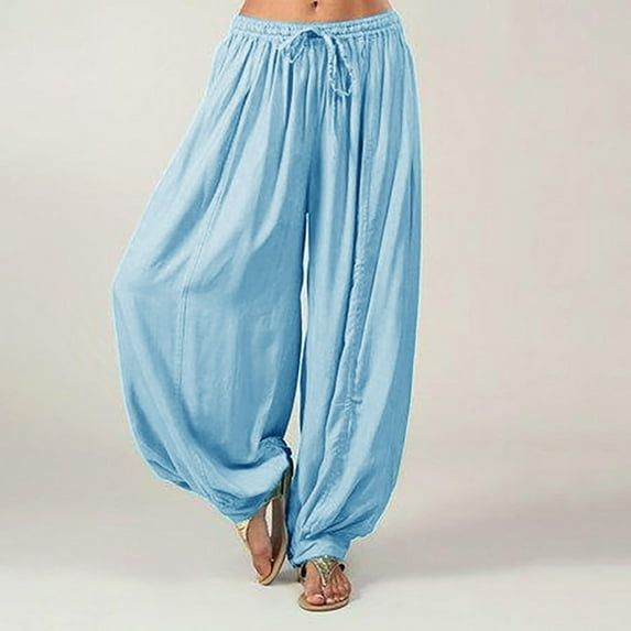 Lroveb Palazzo Pants for Women Plus Size,High Waisted Baggy Hippie Gypsy Boho Pants, Size Solid Color Casual Loose Pants Yoga Trousers Blue