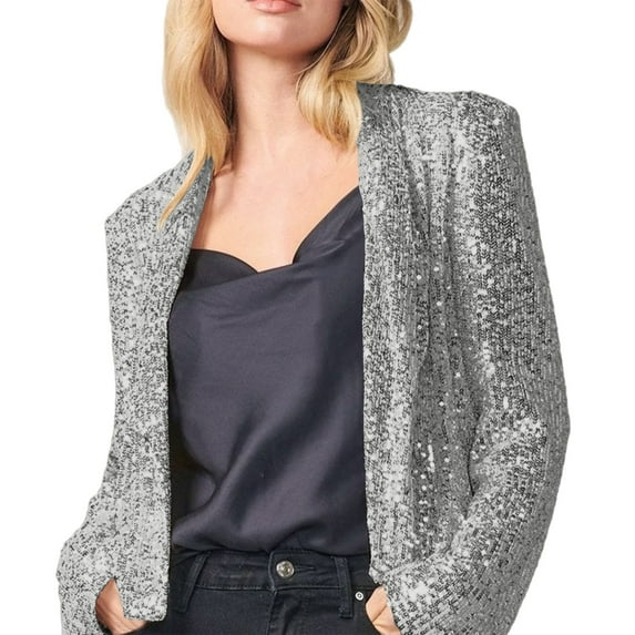 Lroveb Sequin Blazer for Women Trendy Open Front Glitter Sparkly Jacket Party Club Long Sleeve Lapel Cardigan Coat