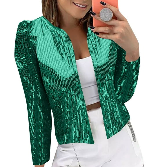 Lroveb Sequin Jackets for Women Long Sleeve Sparkly Blazer Glitter Shimmer Open Front Cropped Cardigan