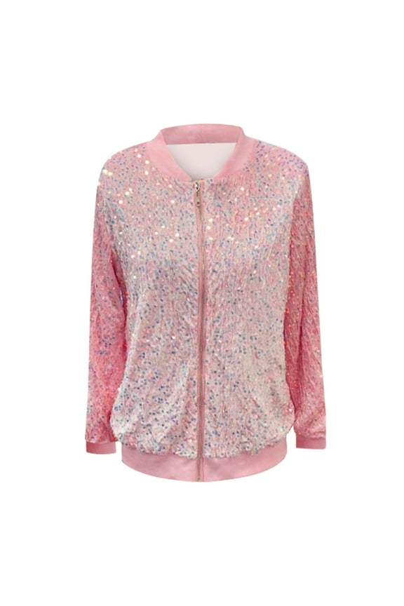 Sequin Jackets for Women Pink Loose Long Sleeve Glitter Sparkly Varsity Jacket Trendy Party Zip Up Bomber Jacket with Pocket