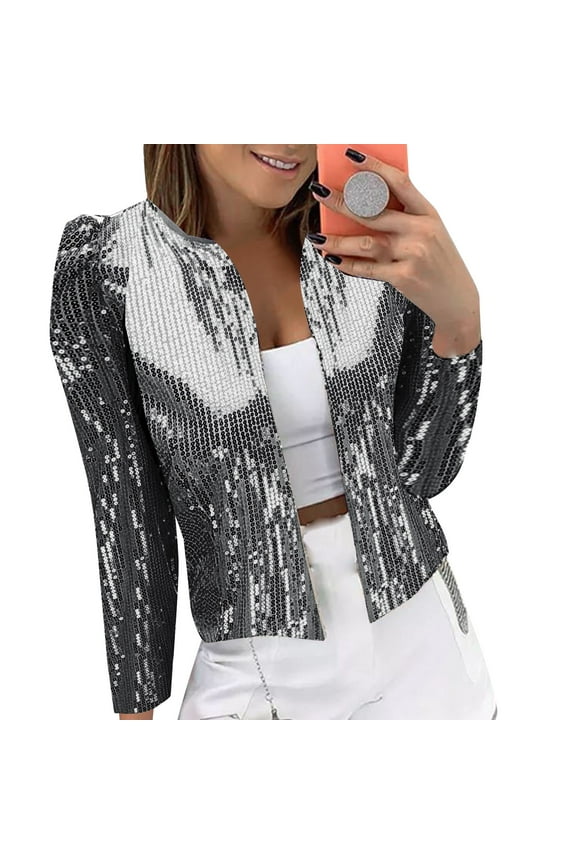 Sequin Jackets for Women Plus Size Long Sleeve Sparkly Blazer Glitter Shimmer Open Front Cropped Cardigan