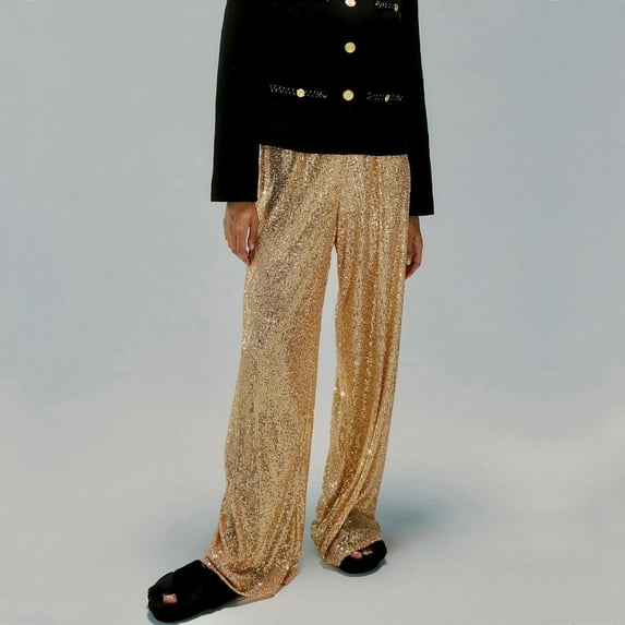 Lroveb Sequin Pants for Women, Womens Sparkly High Waisted Trousers, Solid Color Sequins Fashion Casual Straight Pants Gold