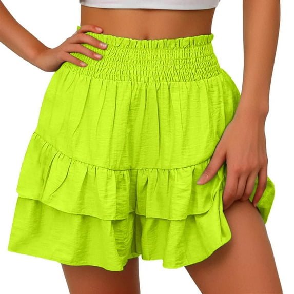 Lroveb Shorts for Women 2024 Summer High Waisted Ruffle Shorts Floral Pleated Hem Casual Pants Flowy Beach Shorts Fluorescent Green