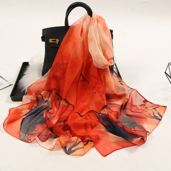 Lroveb Silk Scarf for Women 160*50Cm Flower Print Long Soft Wrap Scarf Simulation Shawl Scarves Scarf