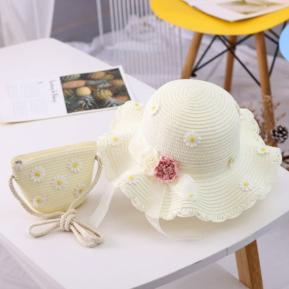 Lroveb Sun Hats for Girls Foldable Floppy 2-8 Years Straw Hat Tourism Flower Children Bag Set Hat