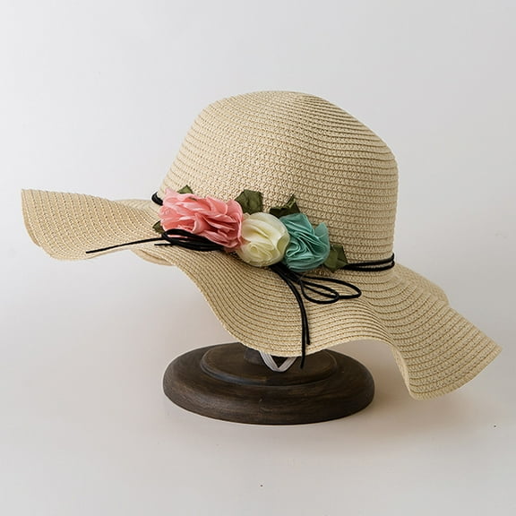 Lroveb Sun Hats for Women Summer Beach Ladies Wide Straw Foldable Travel Flower Hat Caps Floppy Hat