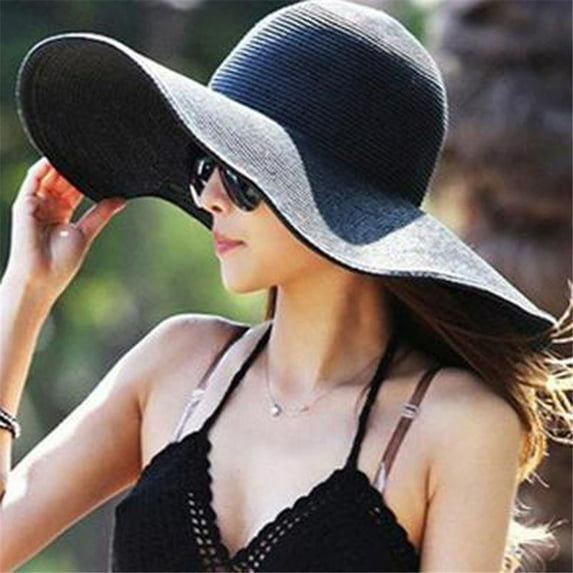 Lroveb Sun Hats for Women Summer Beach Solid Color Big Brim Straw Hat Floppy Wide Cap Foldable Hat